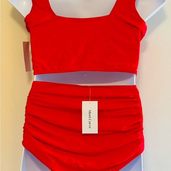 Meet Curve Vibrant Red High-Waisted Ruched Swim Bottoms, NWT, Size XL - Picture 2 of 11